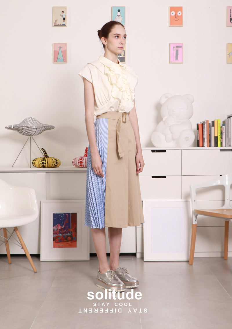 Beige Mixed Fabric Pleated Woven Skirt
