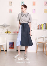 Navy Mixed Fabric Pleated Woven Skirt