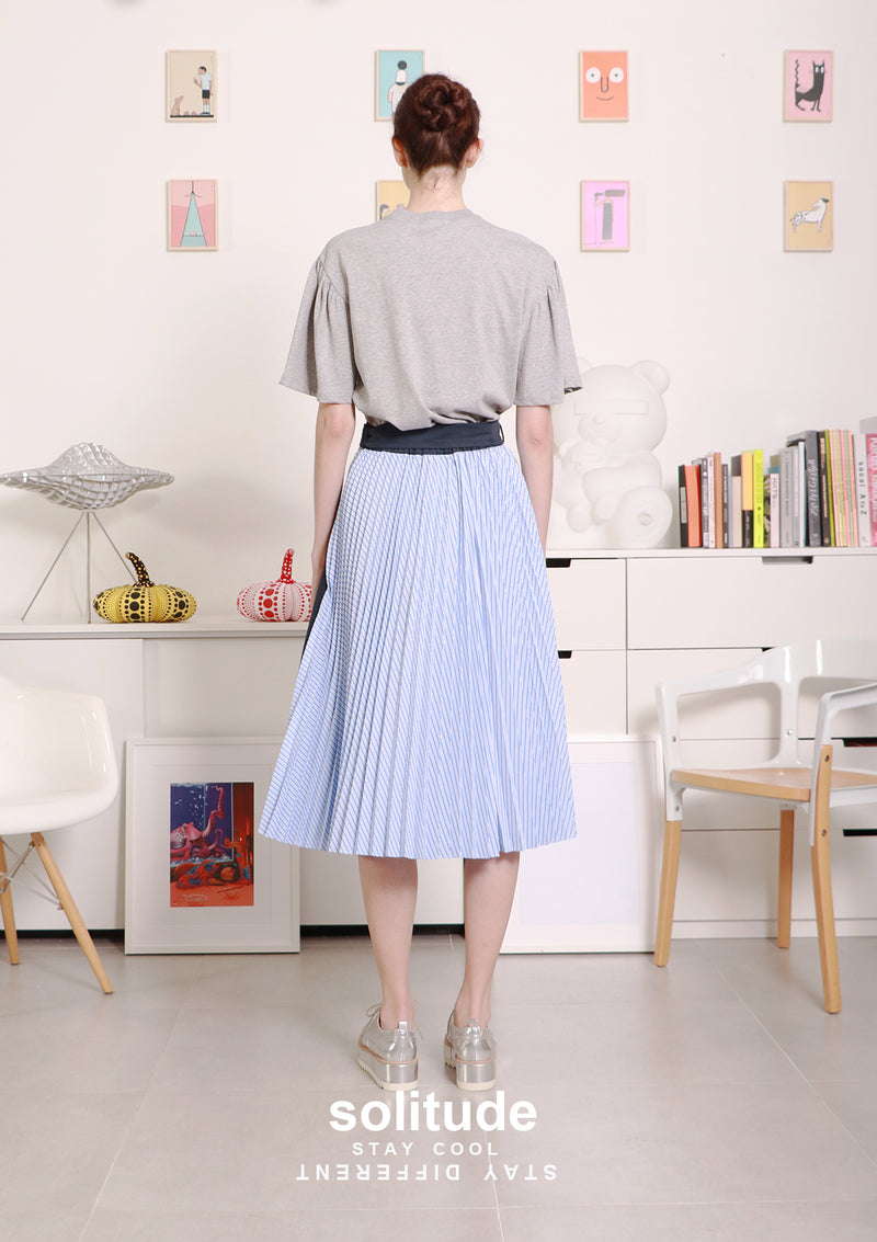 Navy Mixed Fabric Pleated Woven Skirt