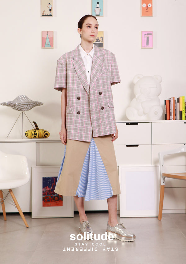 Pink Checked Short Sleeves Jacket