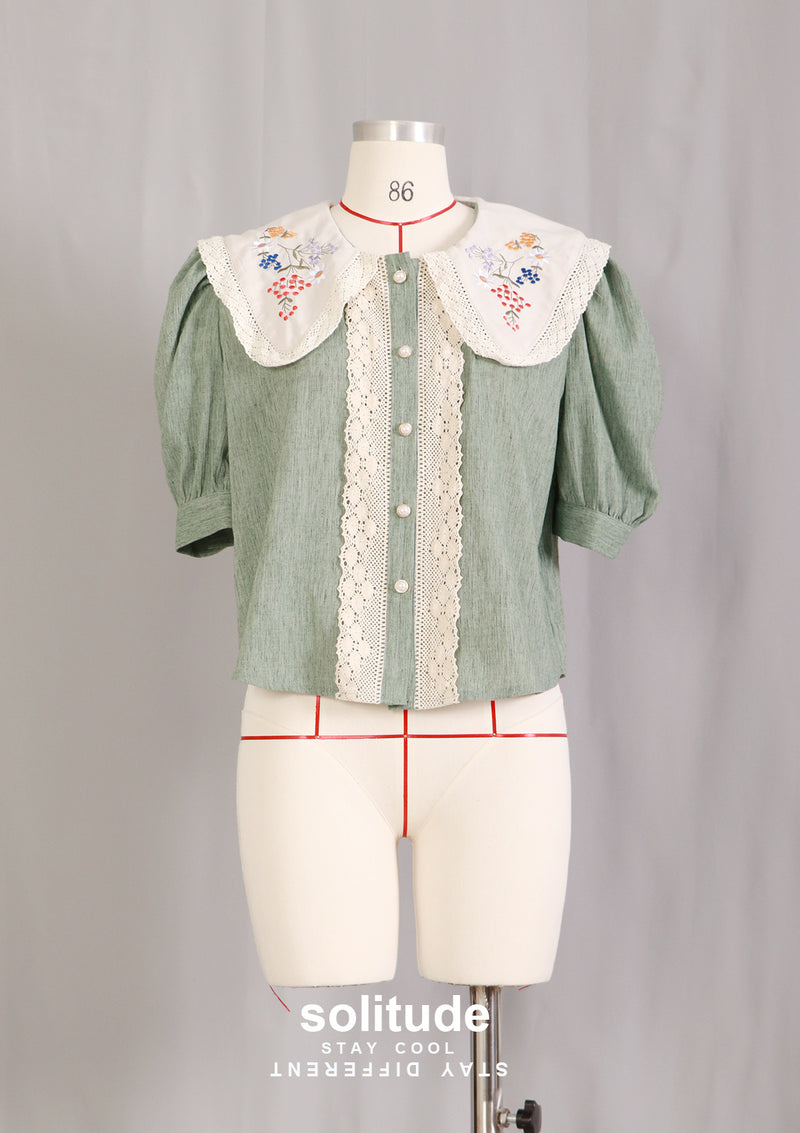 Green Embroidered Collar Top