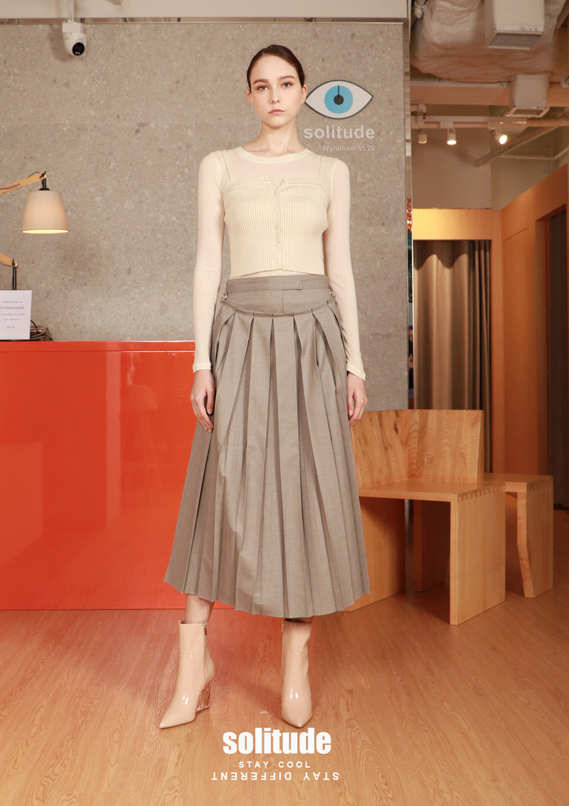 Grey Detachable Pleats Woven Skirt