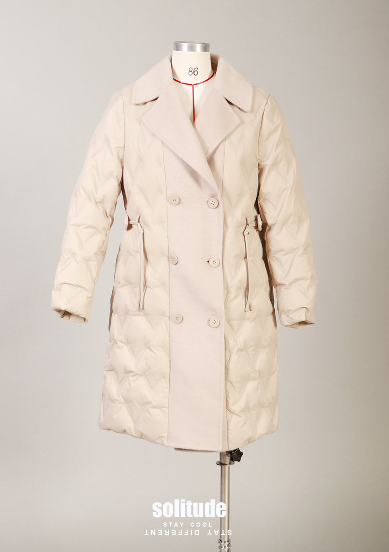 Beige Mixed Wool Double Breasted Quilted Down Coat