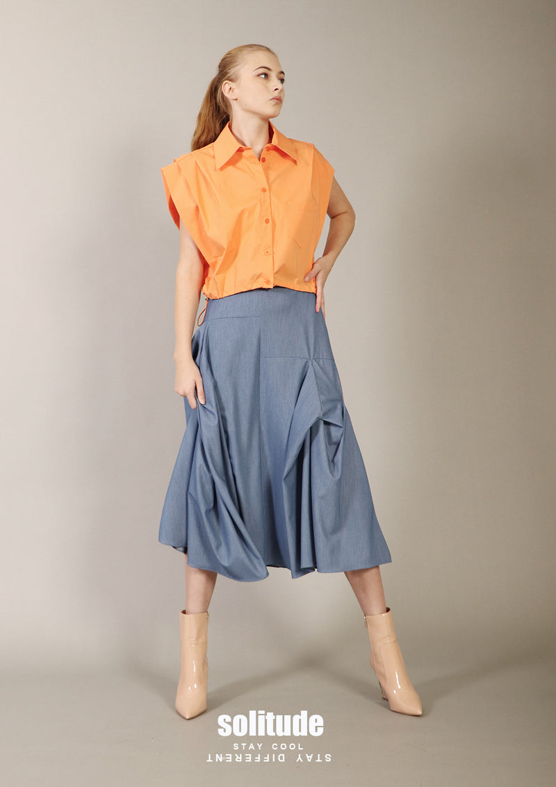 Orange Pleated Sleeveless Shirt