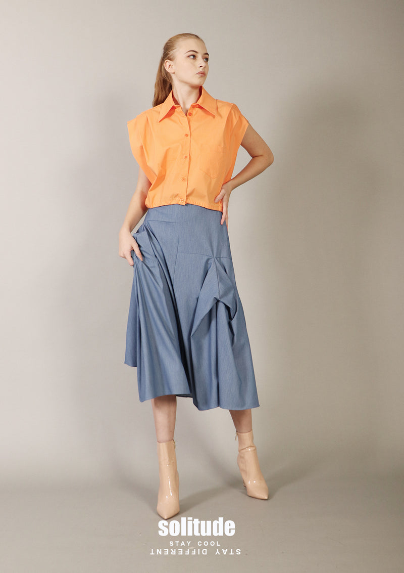 Orange Pleated Sleeveless Shirt