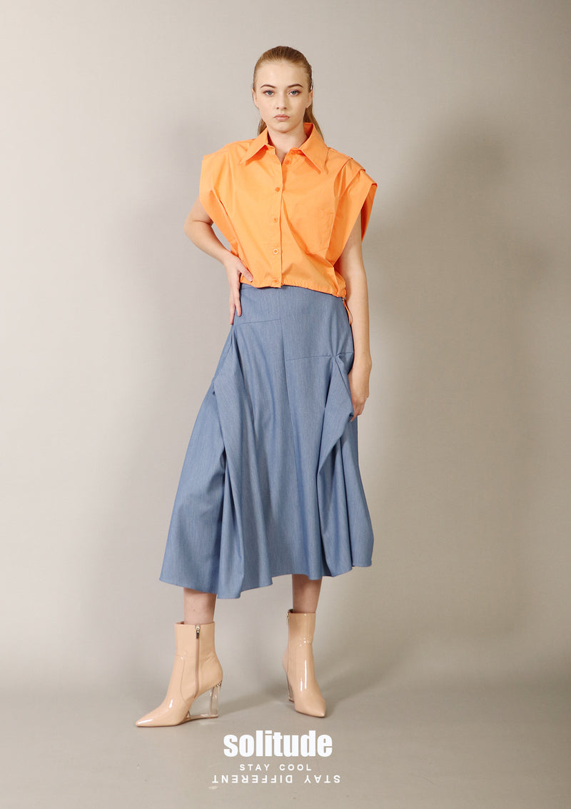 Orange Pleated Sleeveless Shirt