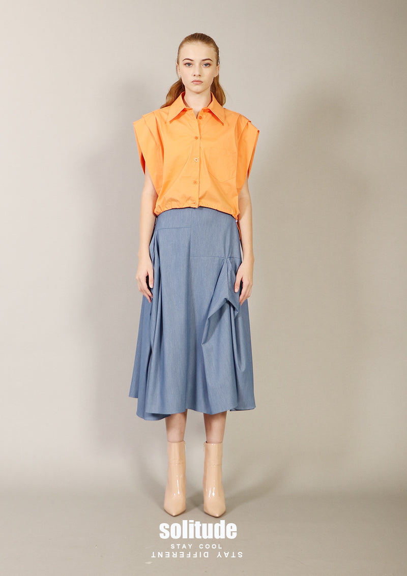 Orange Pleated Sleeveless Shirt