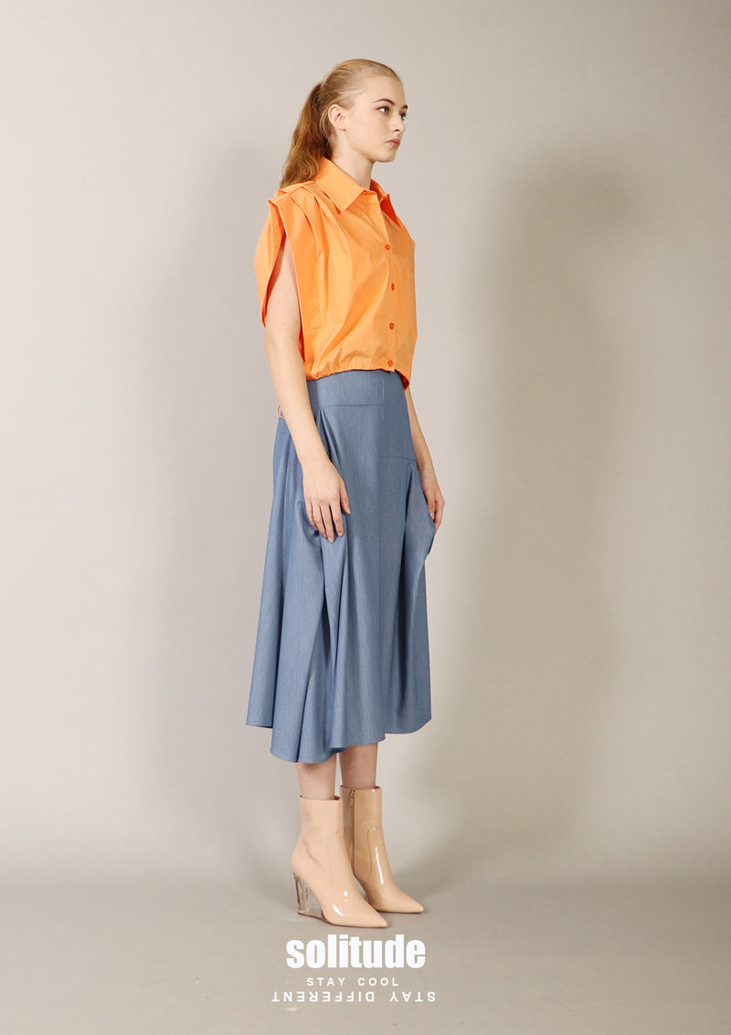 Orange Pleated Sleeveless Shirt