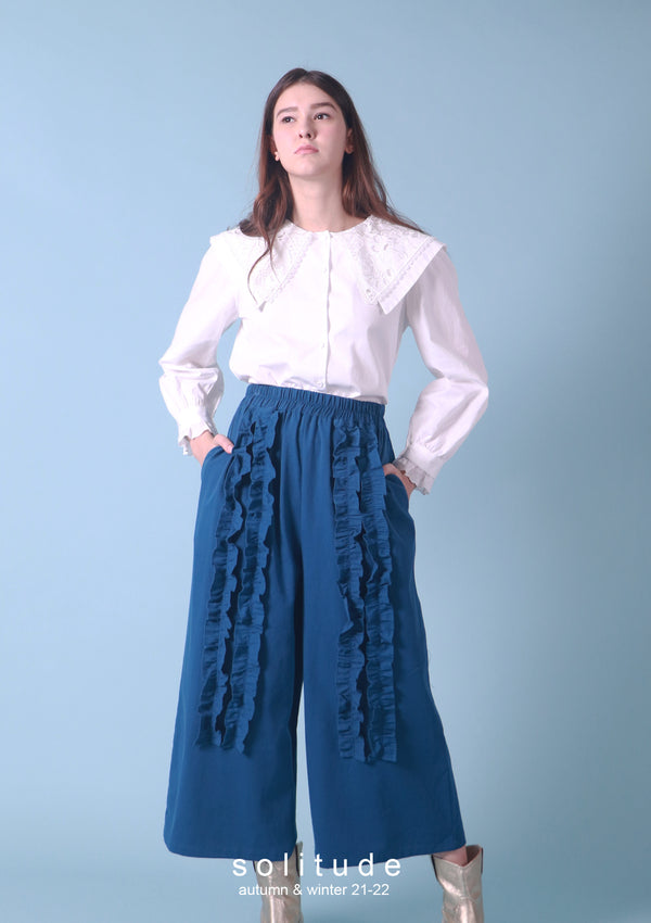 Blue Ruffles Trimmed Pants
