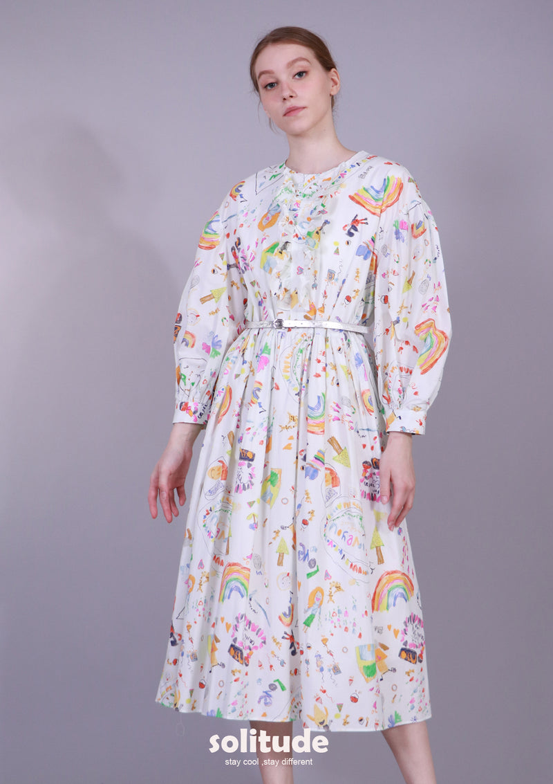 DRAWING PRINTED DRESS WITH BELT SET