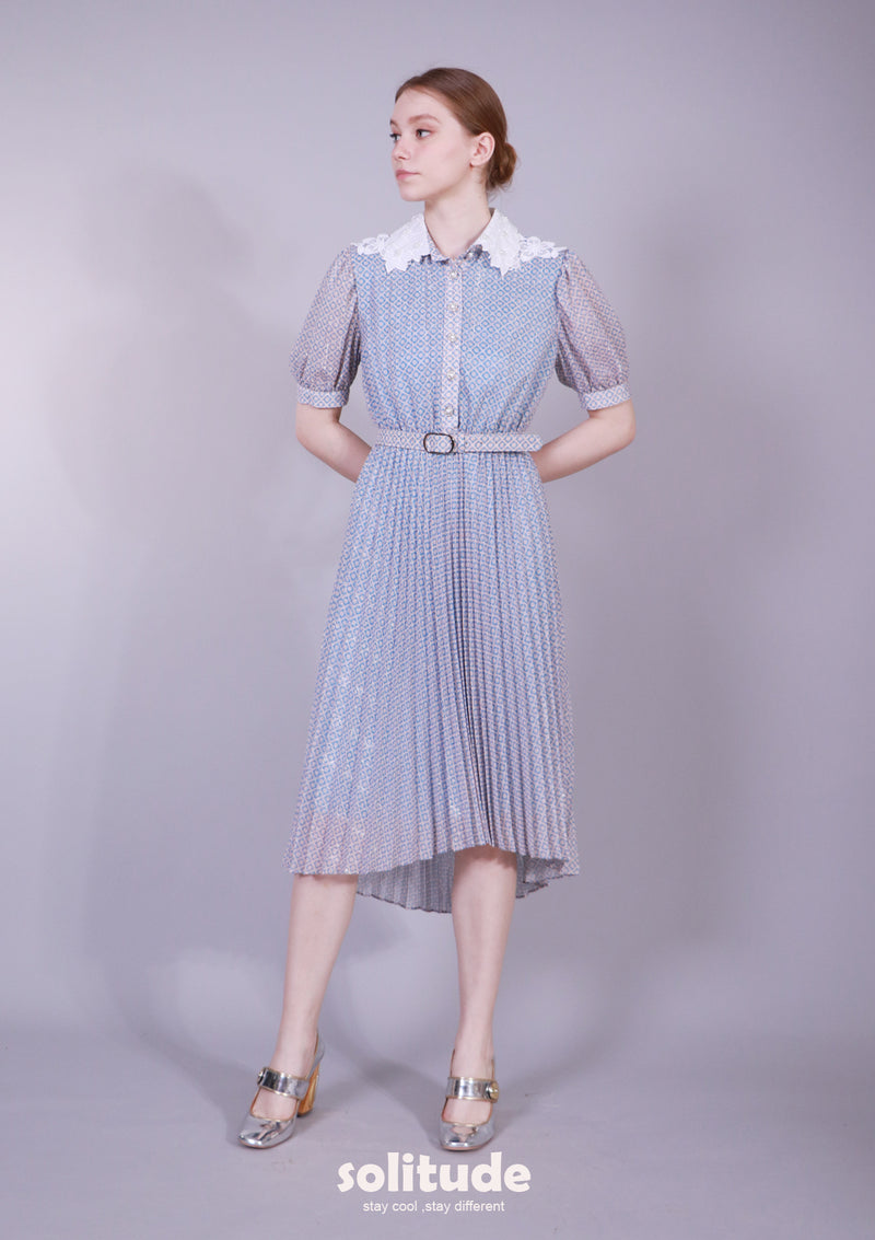 LACE COLLAR TRIMMED DRESS WITH BELT SET