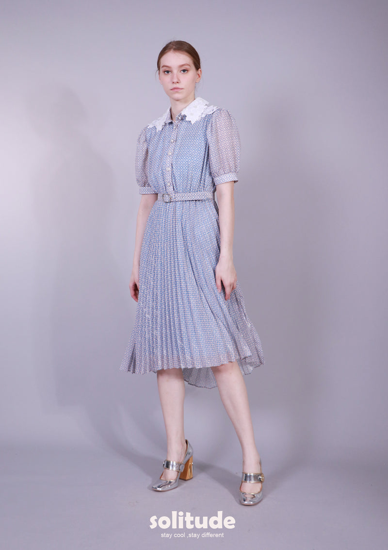 LACE COLLAR TRIMMED DRESS WITH BELT SET