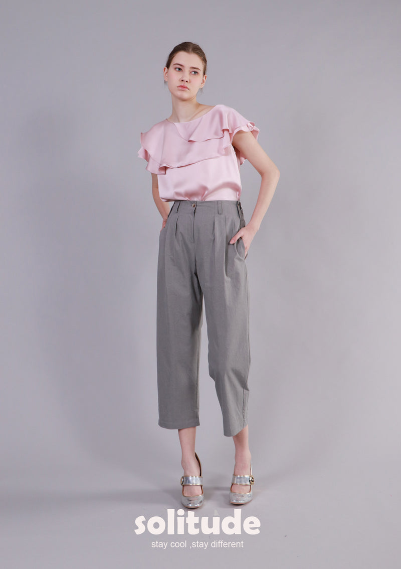 Grey Front Pleat Cotton Pants